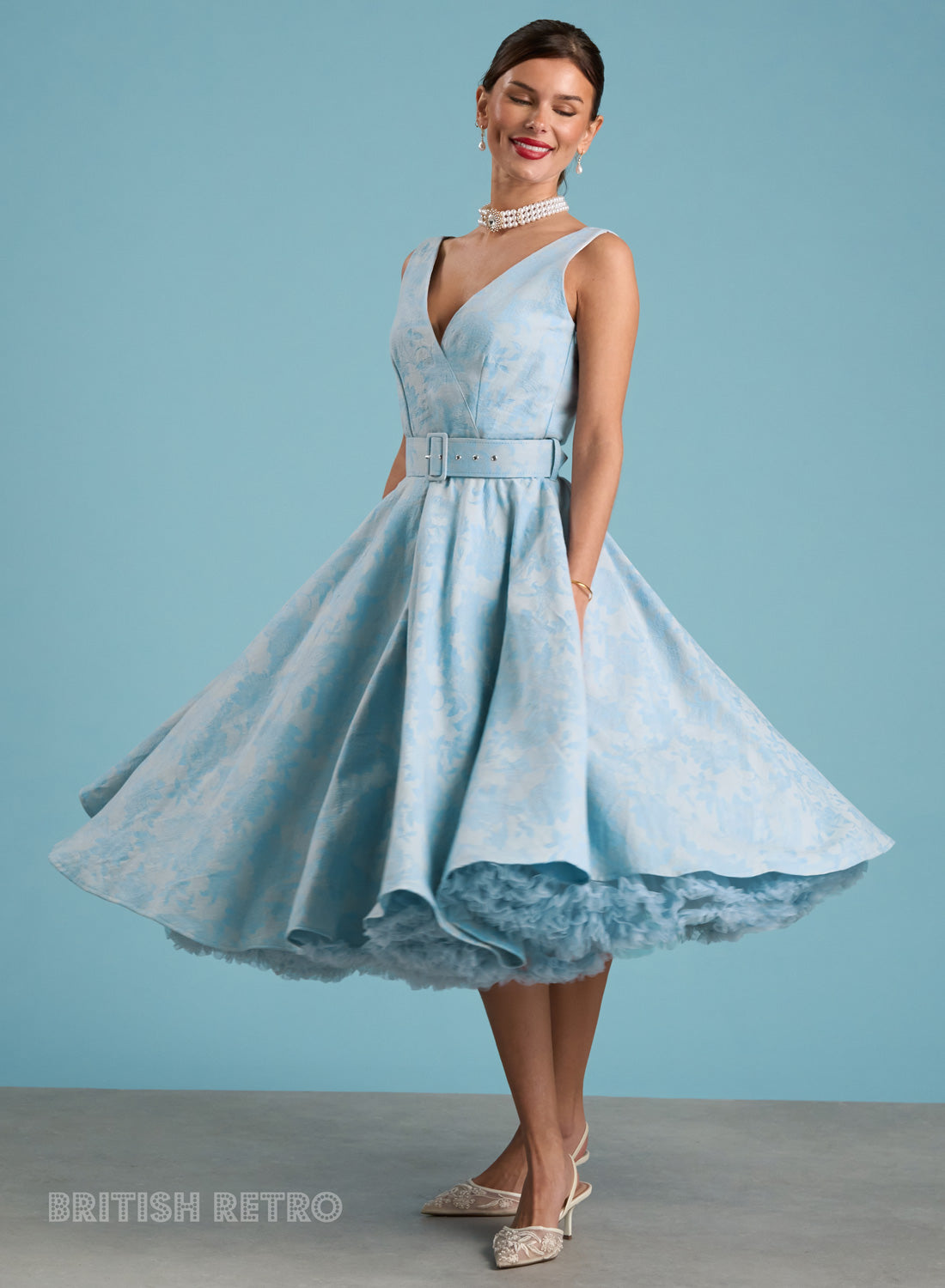 Grace Kelly Powder Blue Jacquard Vintage Inspired Dress