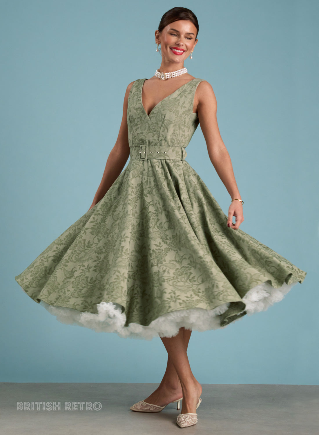 Grace Kelly Sage Green Jacquard Vintage Inspired Dress