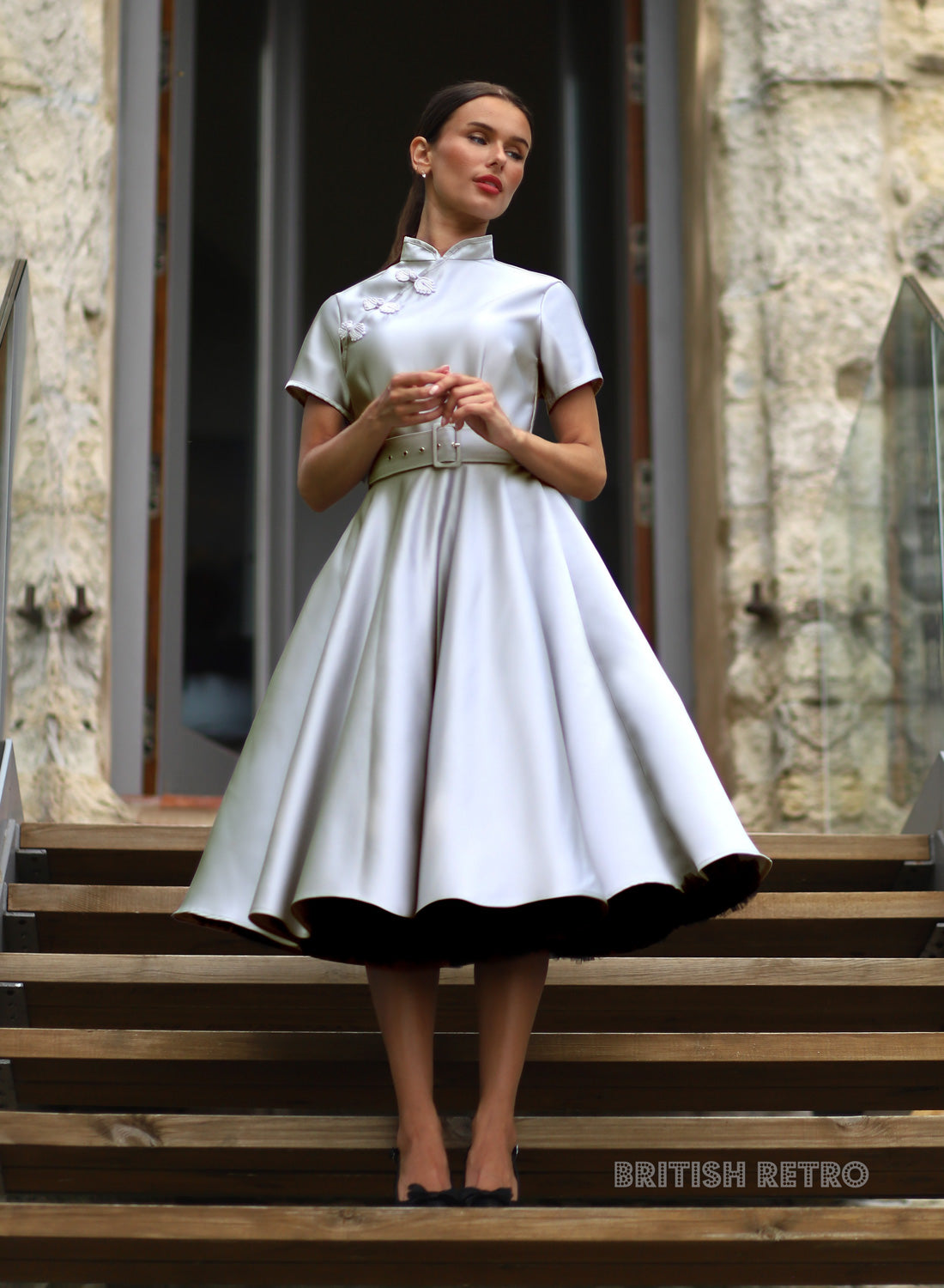 Jasmine Duchess Satin Silver 50s Style Evening Dress