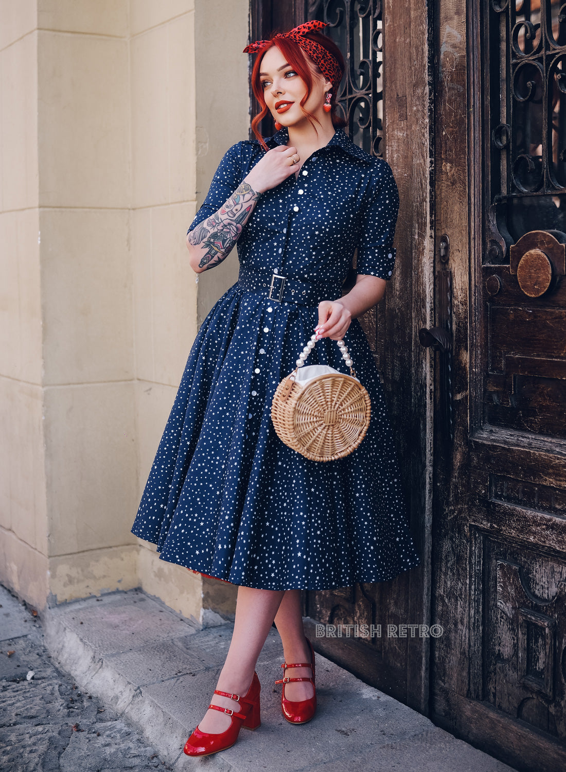 'Way Out West' Retro Starlets Navy 50s Style Swing Dress