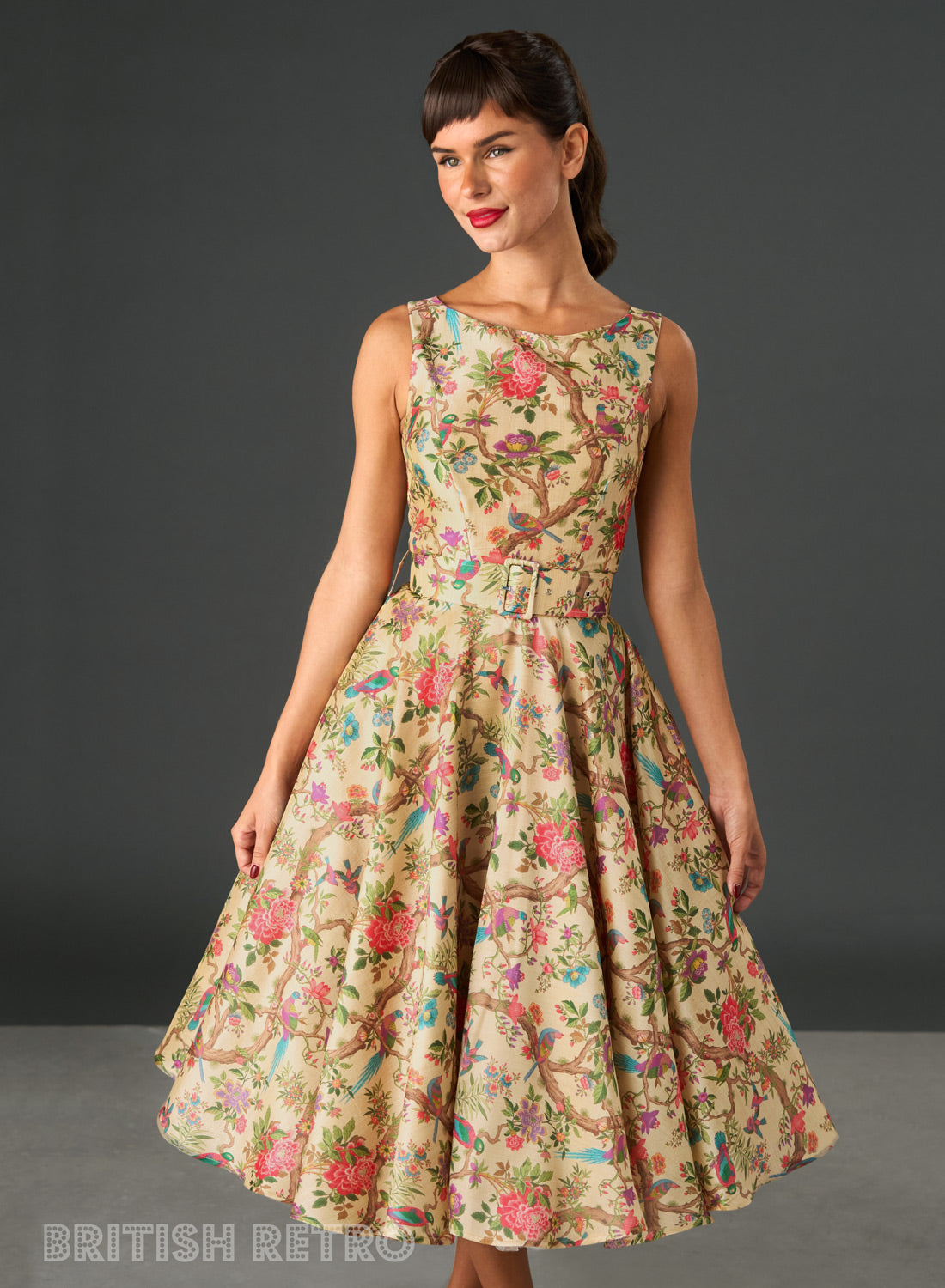 Audrey Silk Garden Bamboo Bird & Floral Print Midi Dress