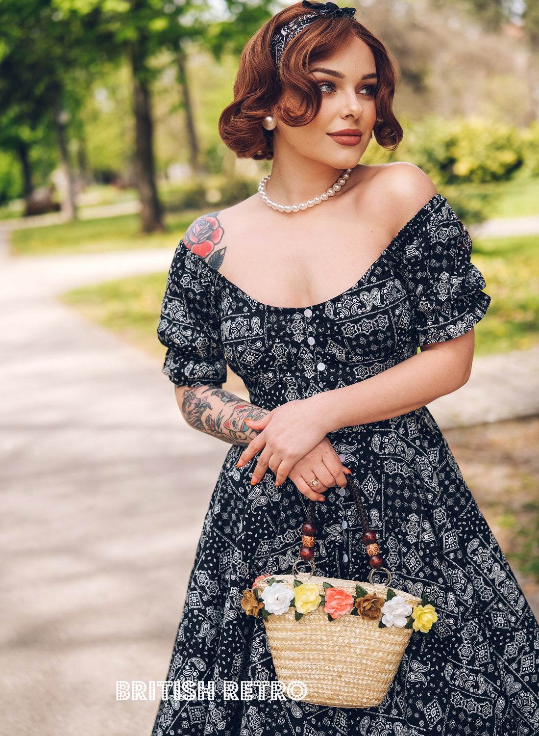 'Carmen' Black Paisley Patch Vintage Style Full Circle Dress