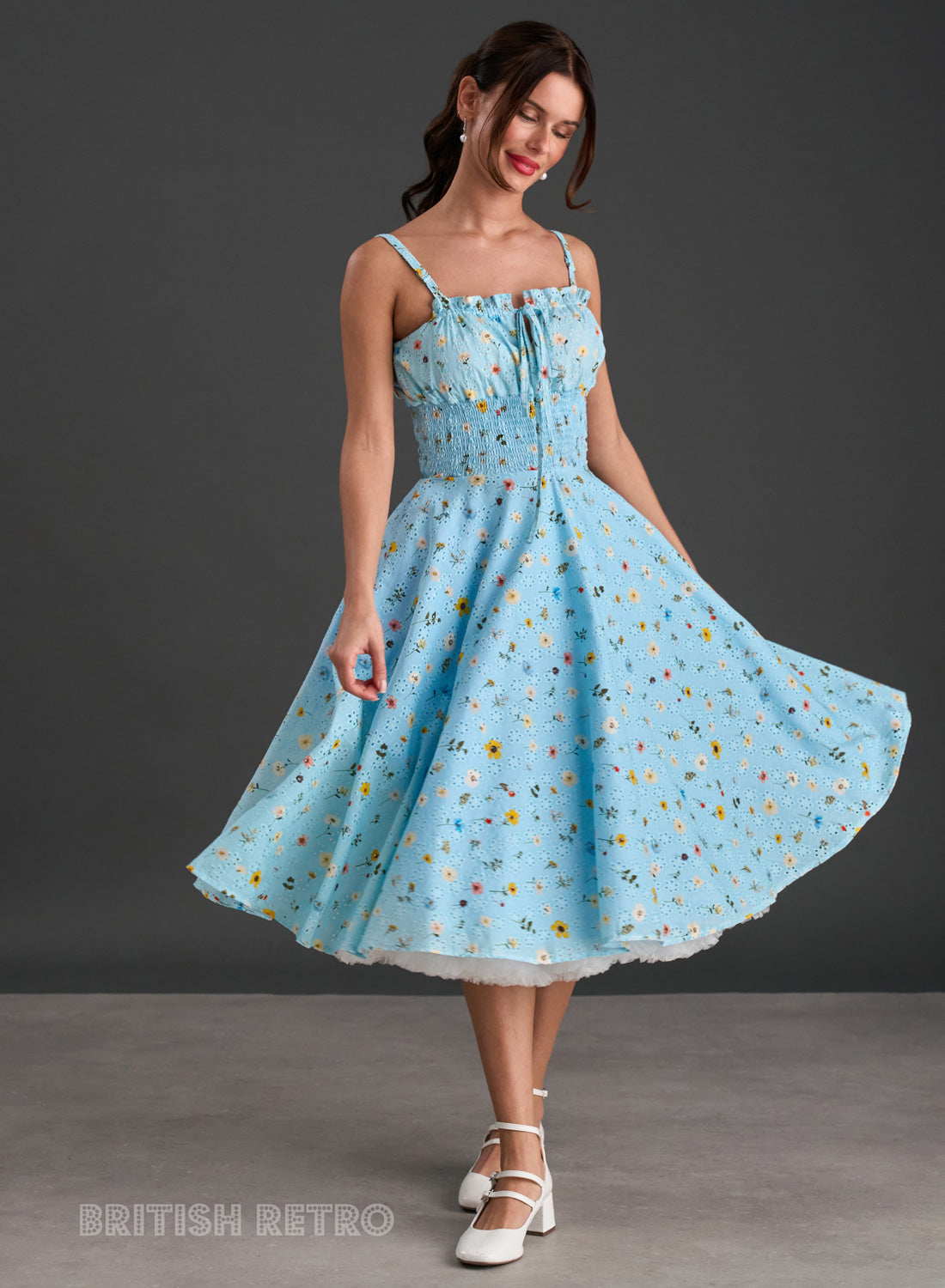Everly Embroidered Baby Blue Floral 50s Style Dress