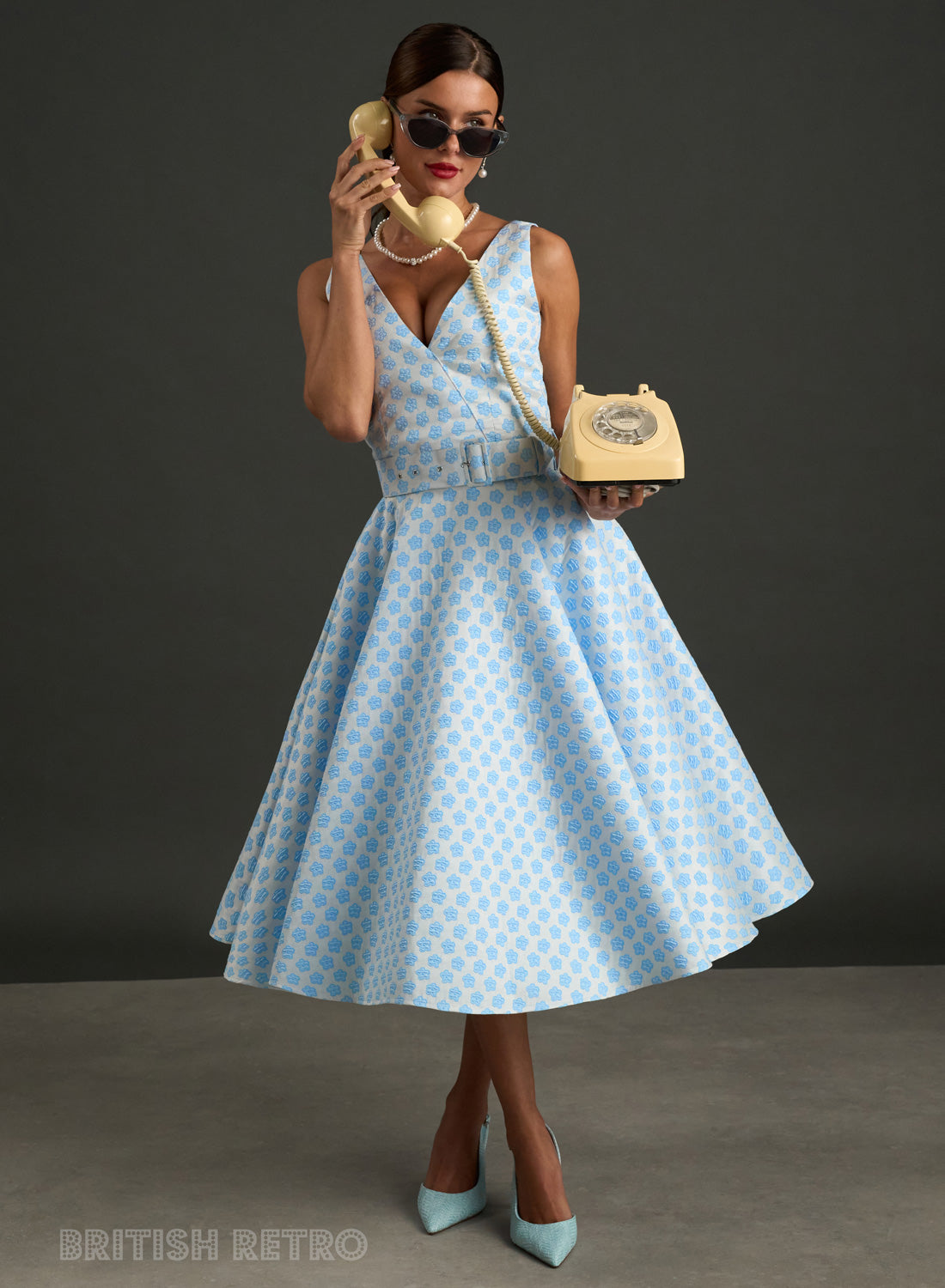 Grace Kelly Powder Blue Daisy  Brocade 1950s Style Dress