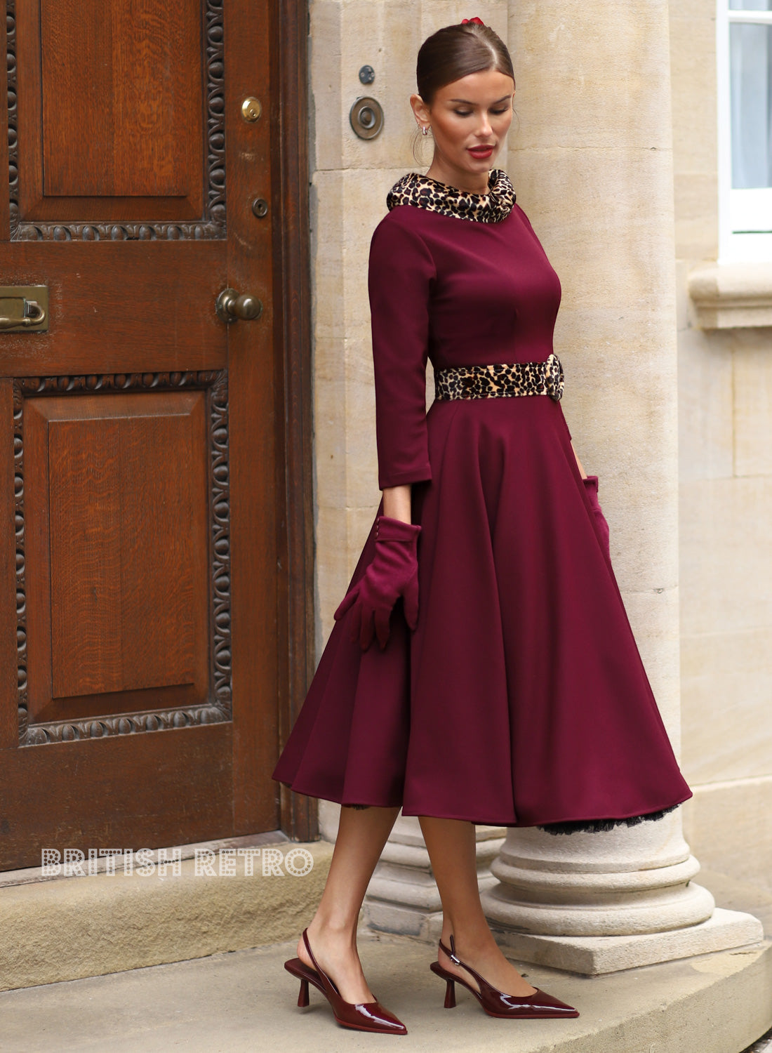 Montclair Wine Leopard Faux Fur Collar 50s Swing Dress