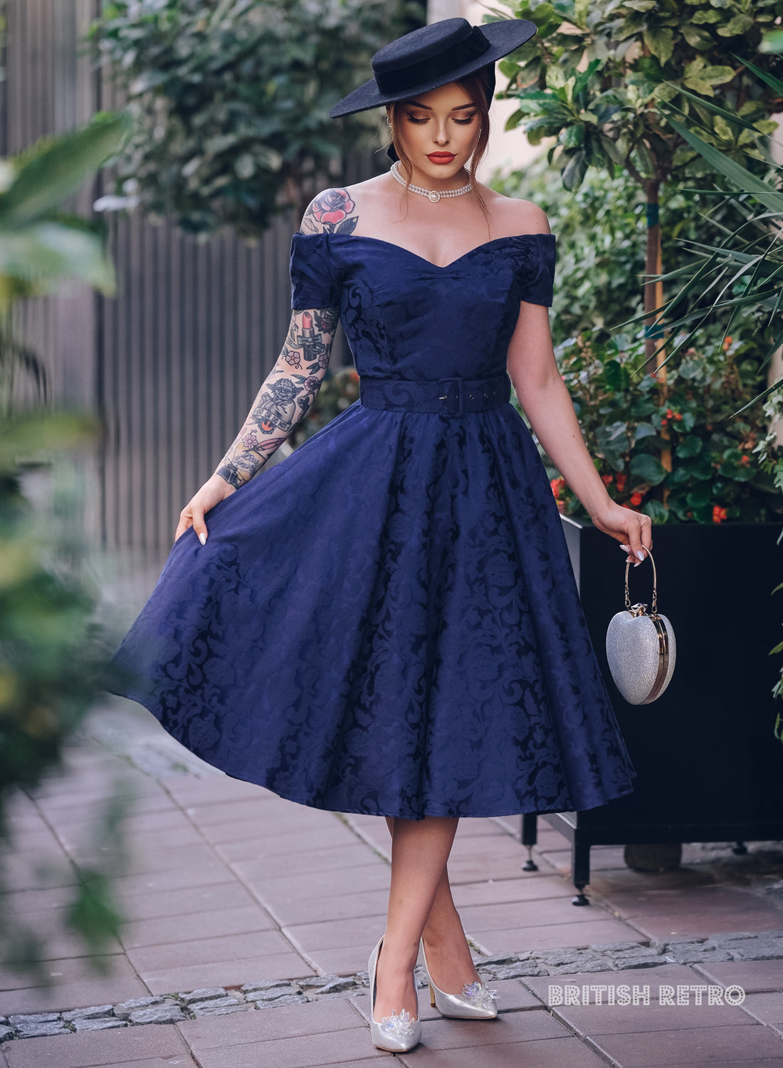 Dee Dee Navy Satin Jacquard Baroque Full Circle Dress