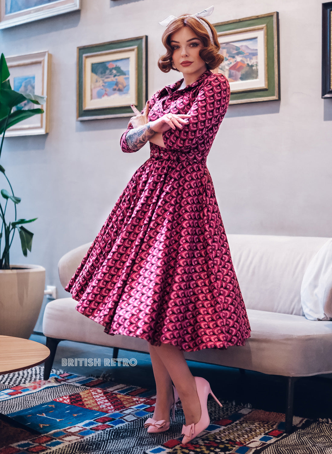 Bibi Art Deco Fuchsia 50s Style Full Circle Dress