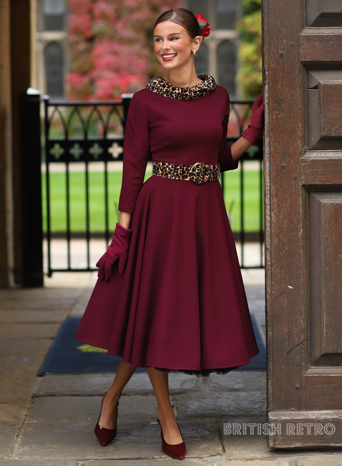 Montclair Wine Leopard Faux Fur Collar 50s Swing Dress
