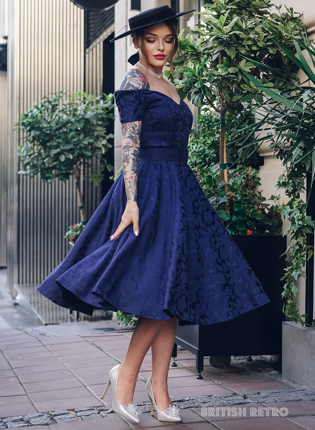 Dee Dee Navy Satin Jacquard Baroque Full Circle Dress