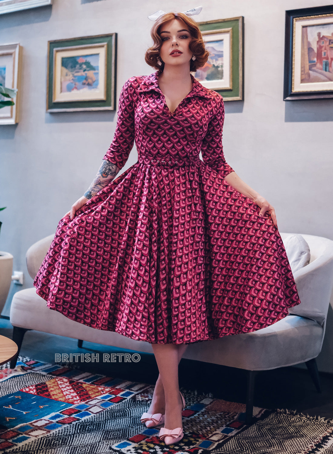 Bibi Art Deco Fuchsia 50s Style Full Circle Dress