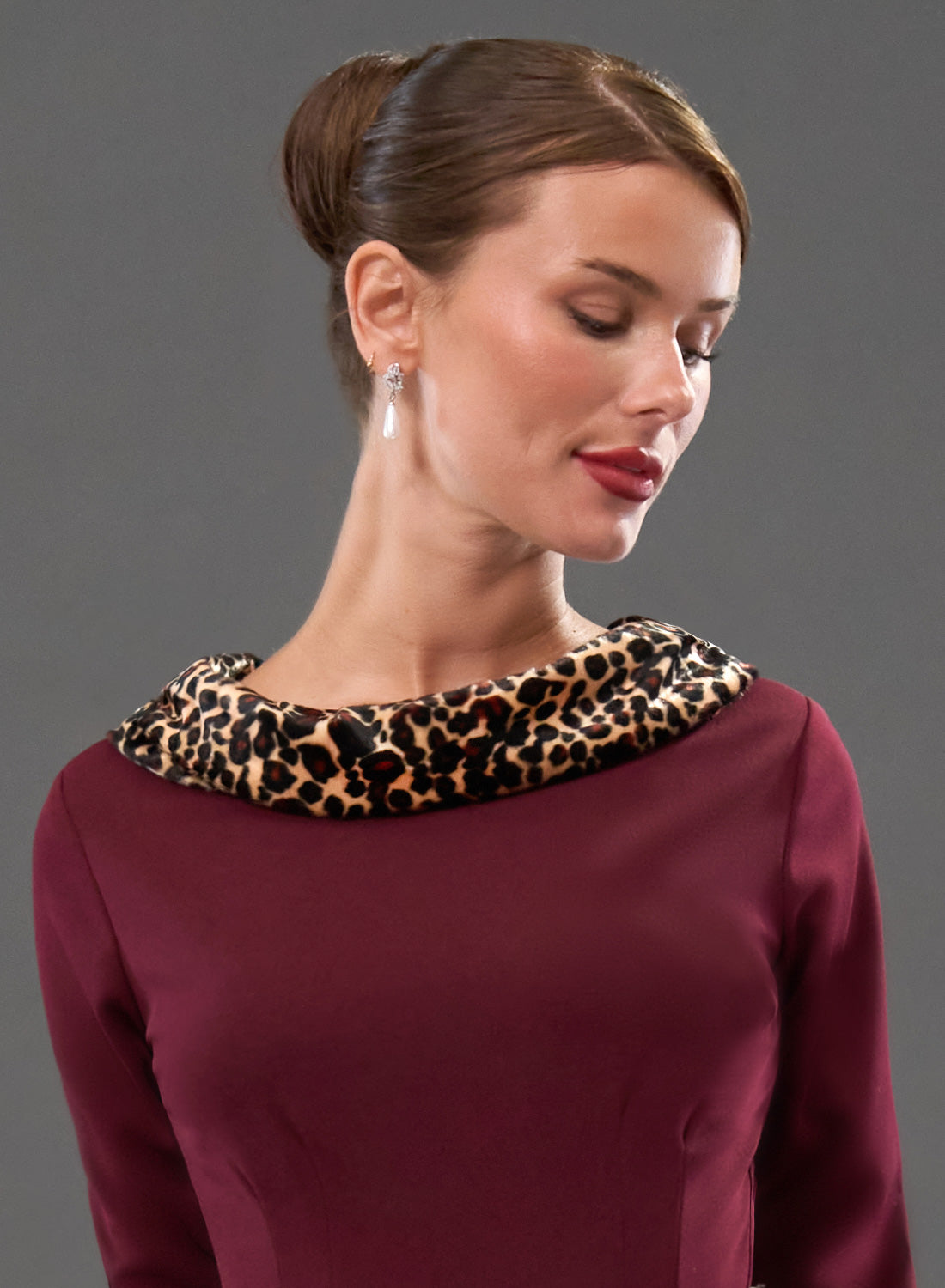 Montclair Wine Leopard Faux Fur Collar 50s Swing Dress