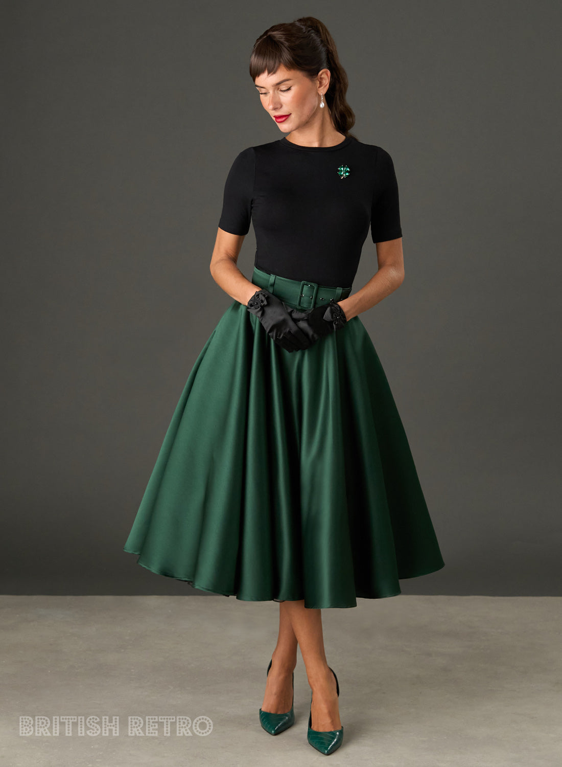 The Eloise – Emerald Green Satin Full Circle Midi Skirt