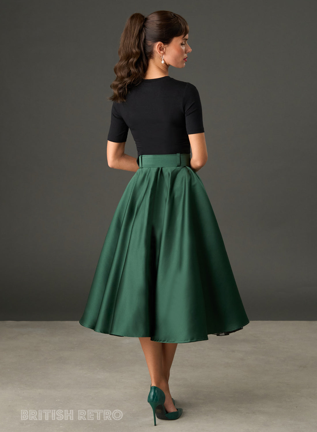 The Eloise – Emerald Green Satin Full Circle Midi Skirt