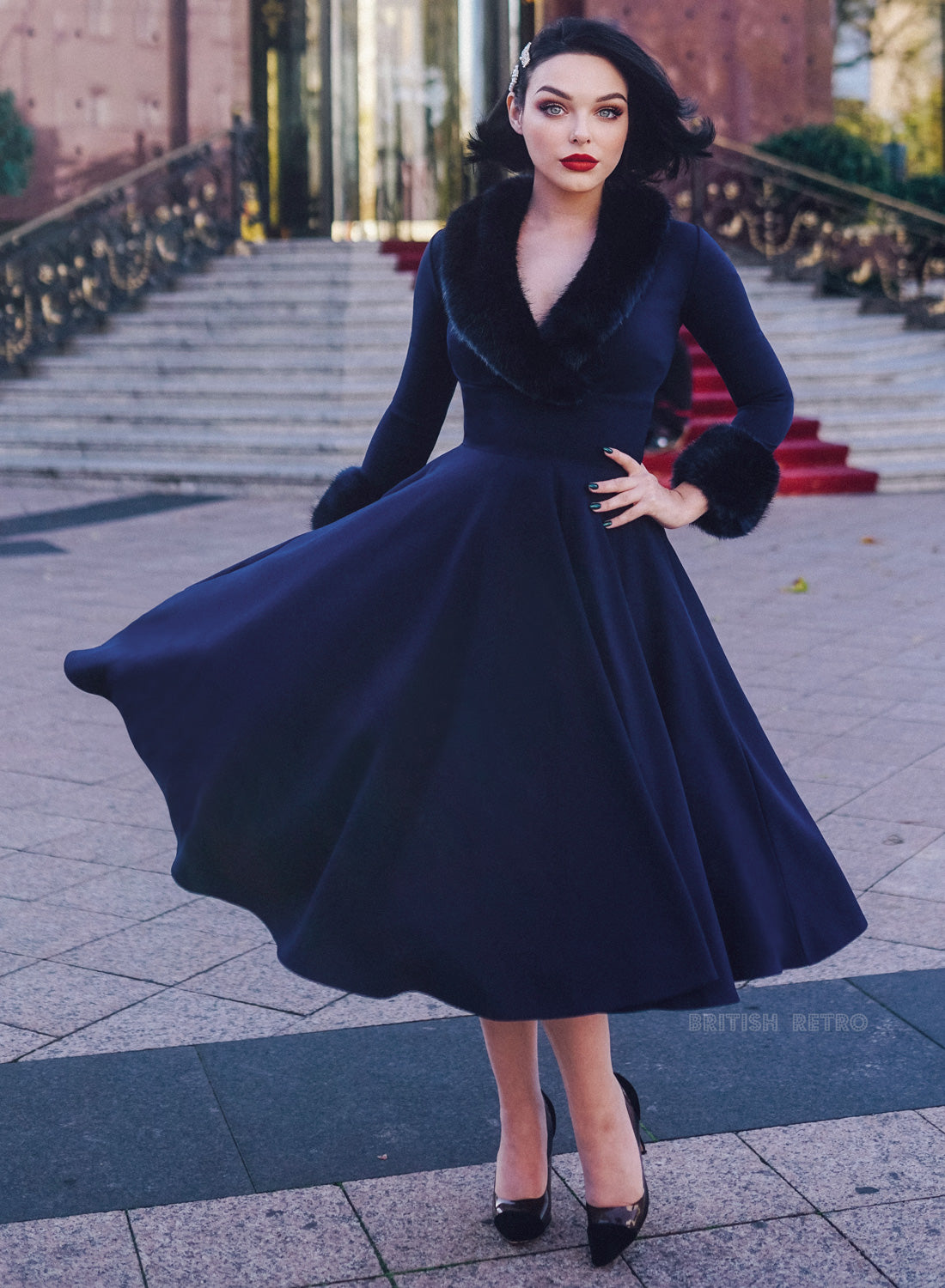 'From Kitty with Love' Navy Faux Fur 50s Swing Dress