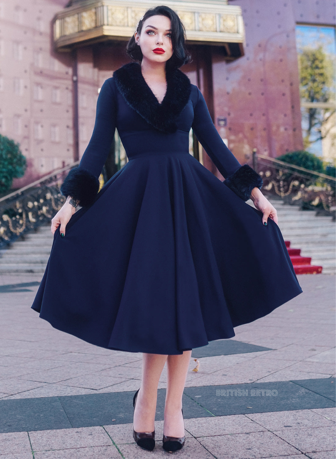 'From Kitty with Love' Navy Faux Fur 50s Swing Dress
