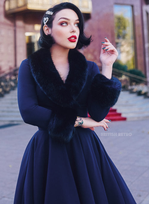 'From Kitty with Love' Navy Faux Fur 50s Swing Dress