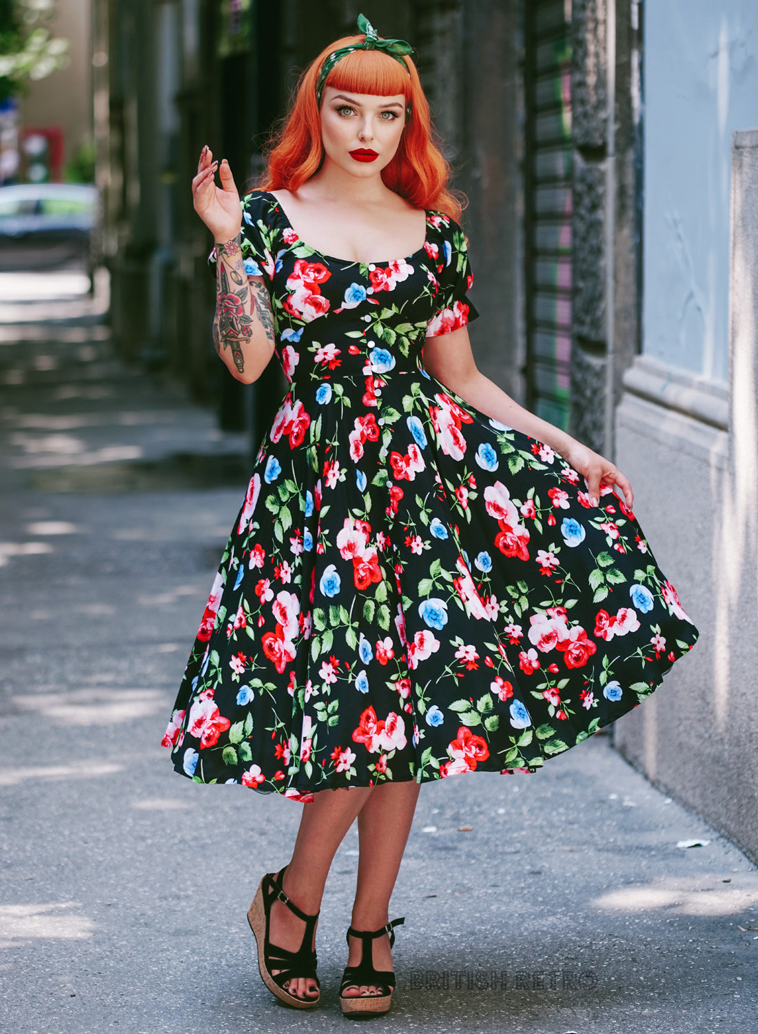 'Carmen' Red And Blue Rose 50s Full Circle Dress