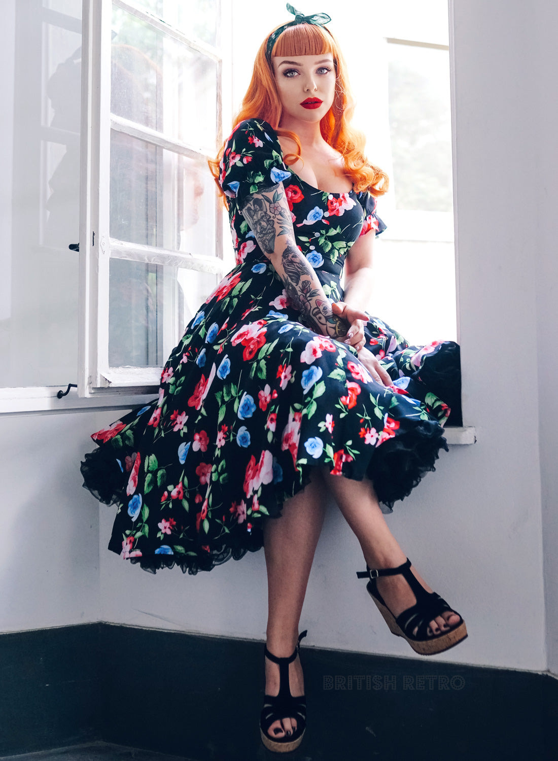 'Carmen' Red And Blue Rose 50s Full Circle Dress