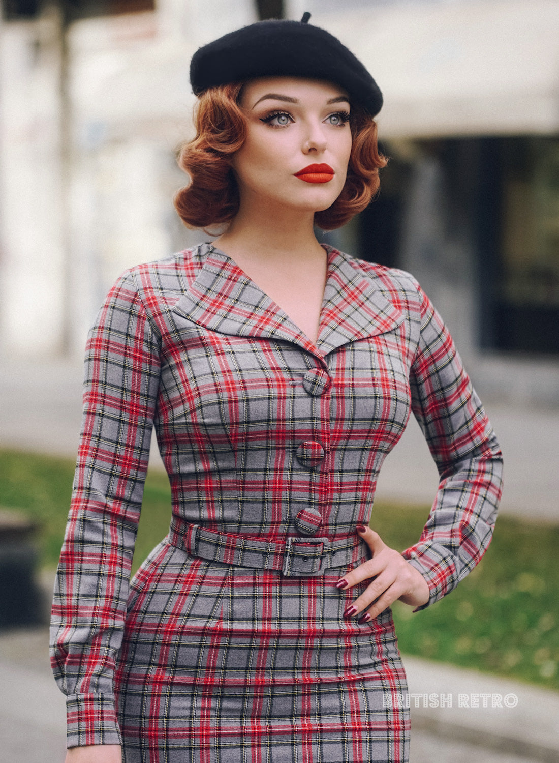 Tallulah Grey Check 50s Style Pencil Dress