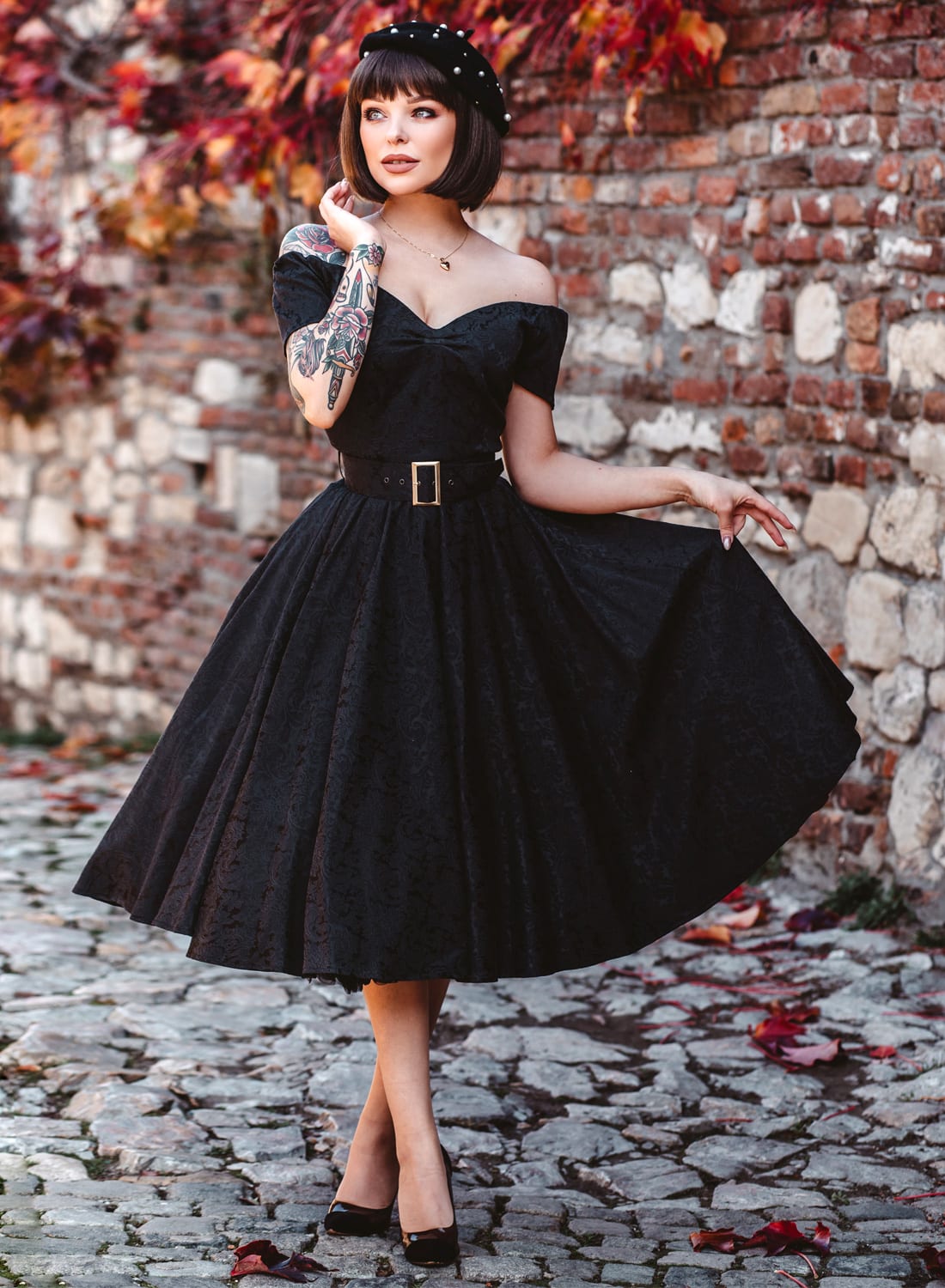 Dee Dee Black Satin Jacquard Baroque Full Circle Dress