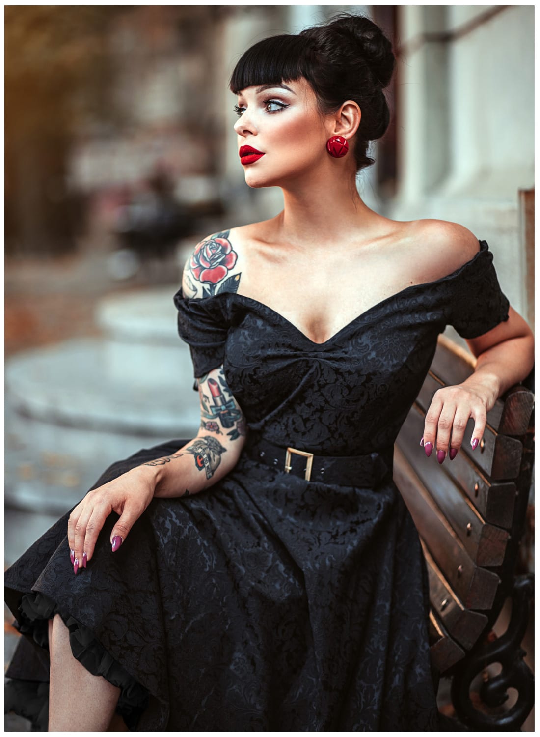 Dee Dee Black Satin Jacquard Baroque Full Circle Dress
