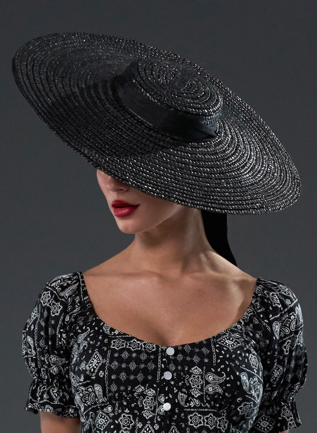 Black Ribbon 50s Style Cartwheel Hat
