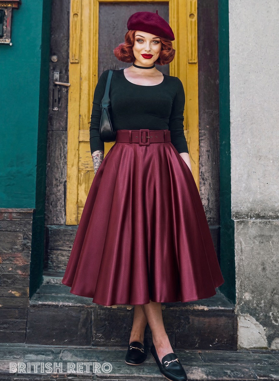 The Eloise – Burgundy Satin Full Circle Midi Skirt