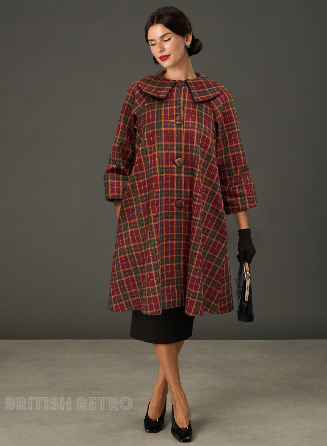 The Geneviève Burgundy Check 1950s Style Coat