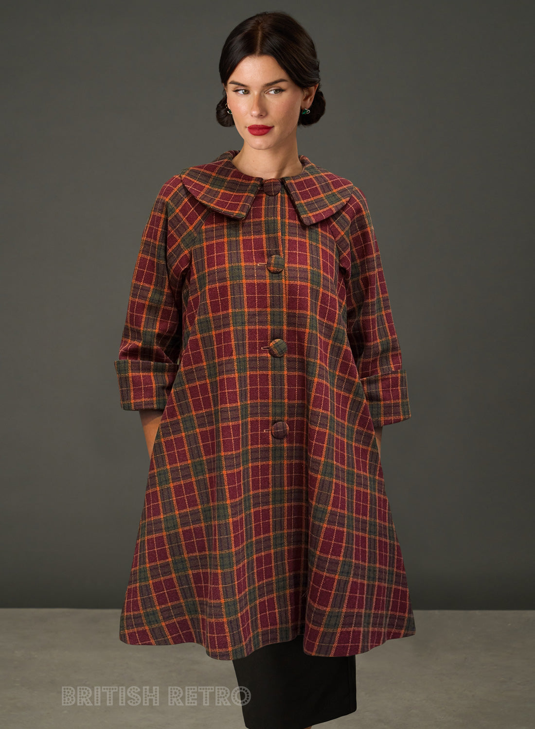 The Geneviève Burgundy Check 1950s Style Coat