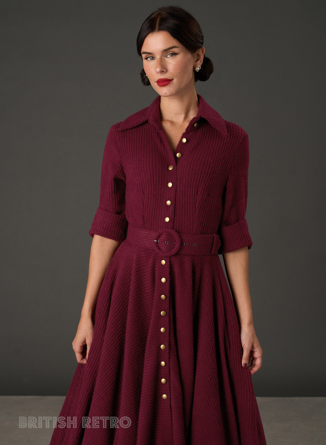 New! Way Out West Burgundy Ribbed Button-Down Dress with Belt