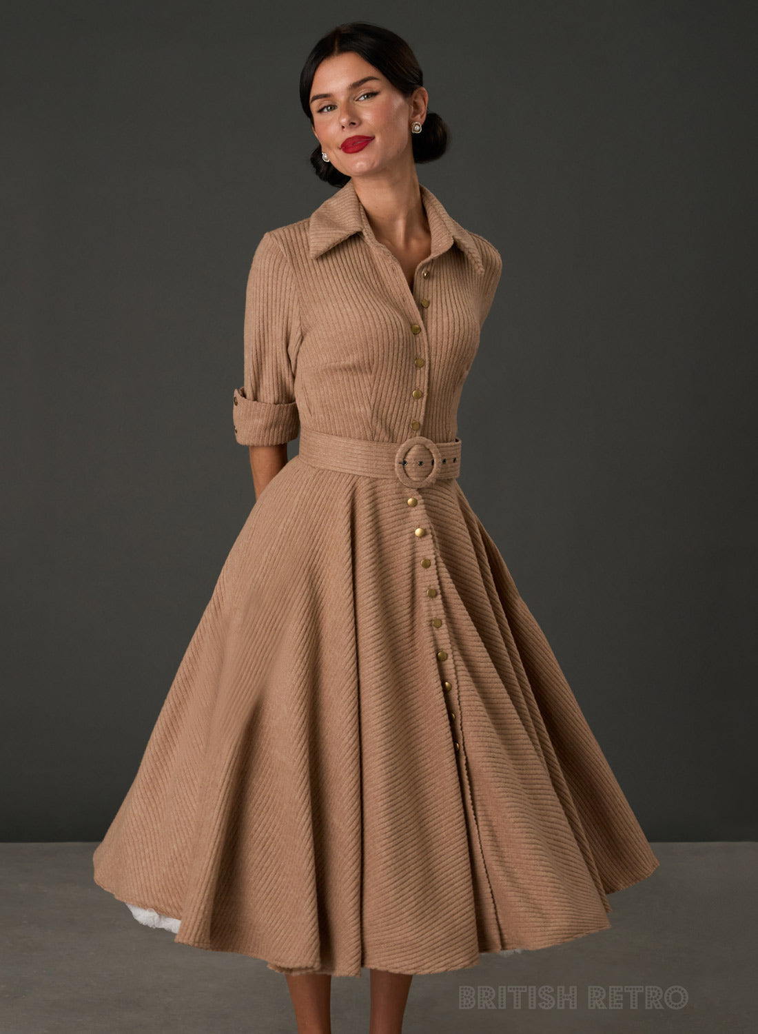 Way Out West Camel Ribbed Button-Down Dress with Belt