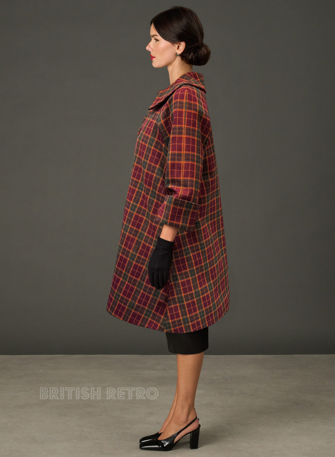 The Geneviève Burgundy Check 1950s Style Coat
