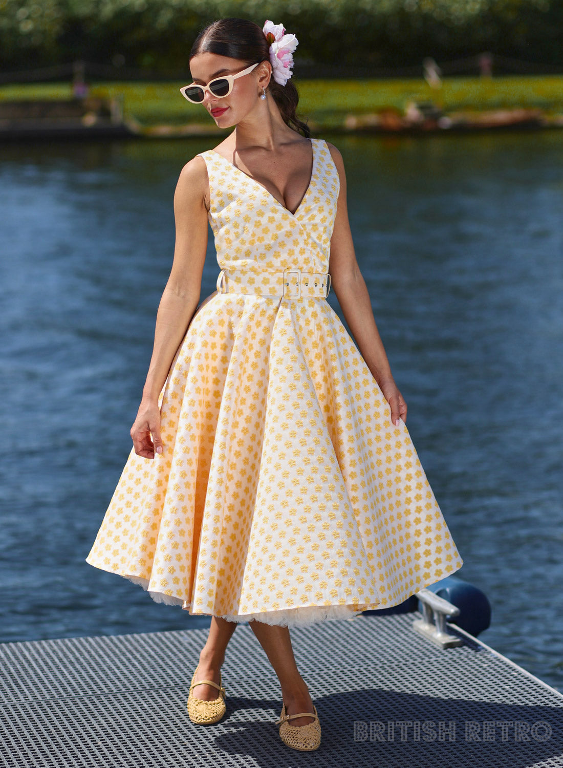 Grace Kelly Lemon Daisy Brocade 1950s Style Dress