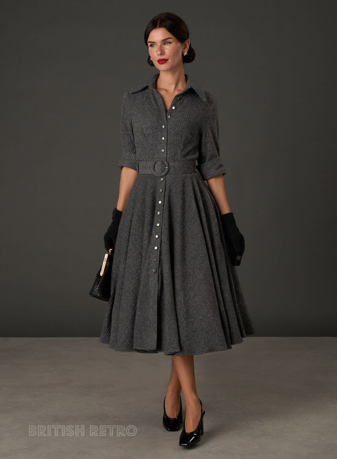 New! Way Out West Grey Ribbed Button-Down Dress with Belt