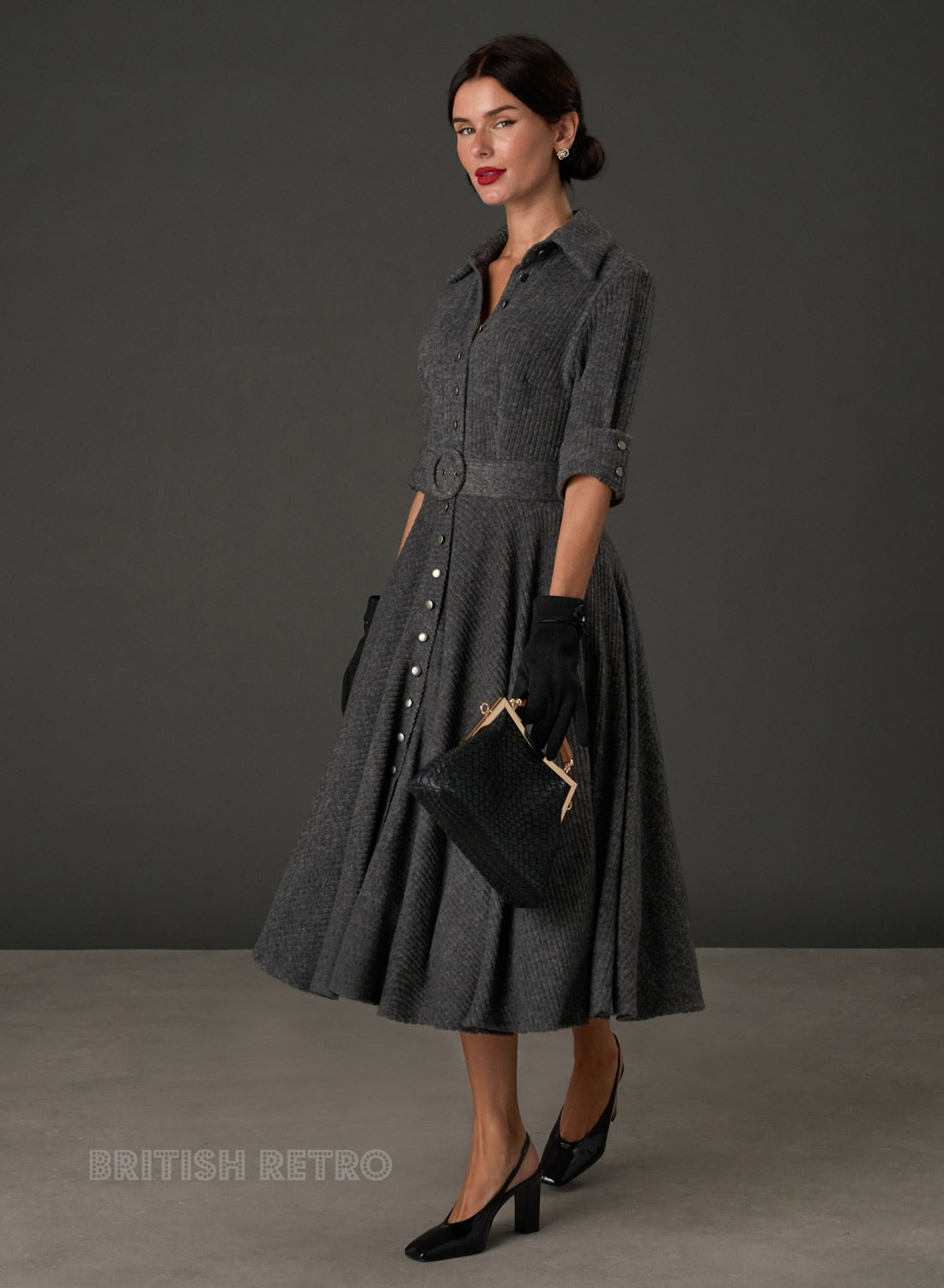 New! Way Out West Grey Ribbed Button-Down Dress with Belt