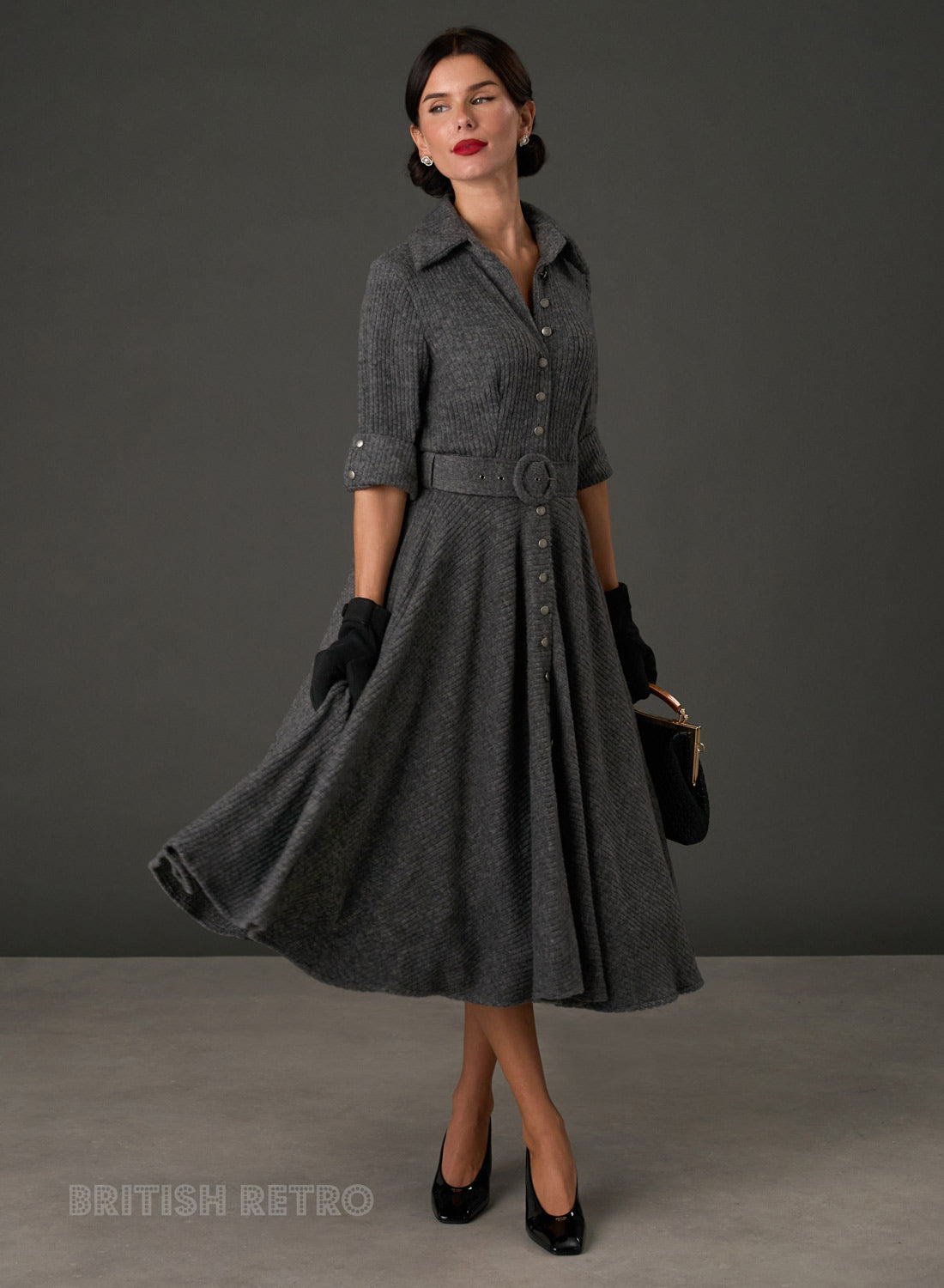 New! Way Out West Grey Ribbed Button-Down Dress with Belt