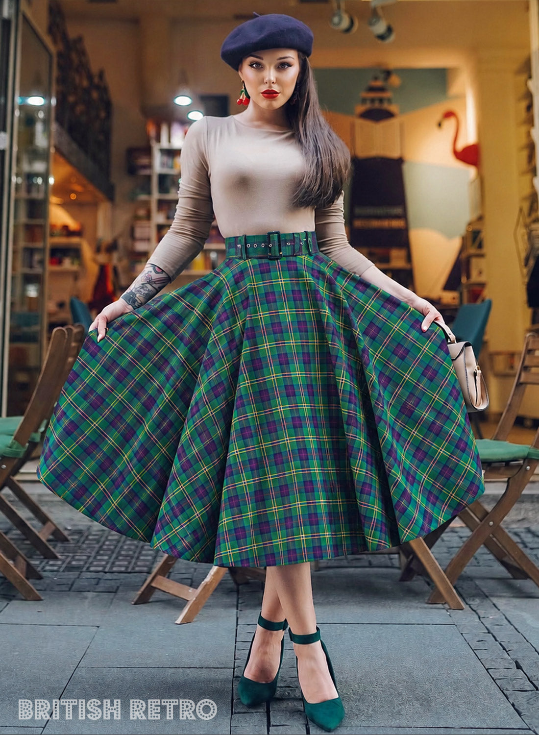 Highland Green Tartan Full Circle Midi Skirt