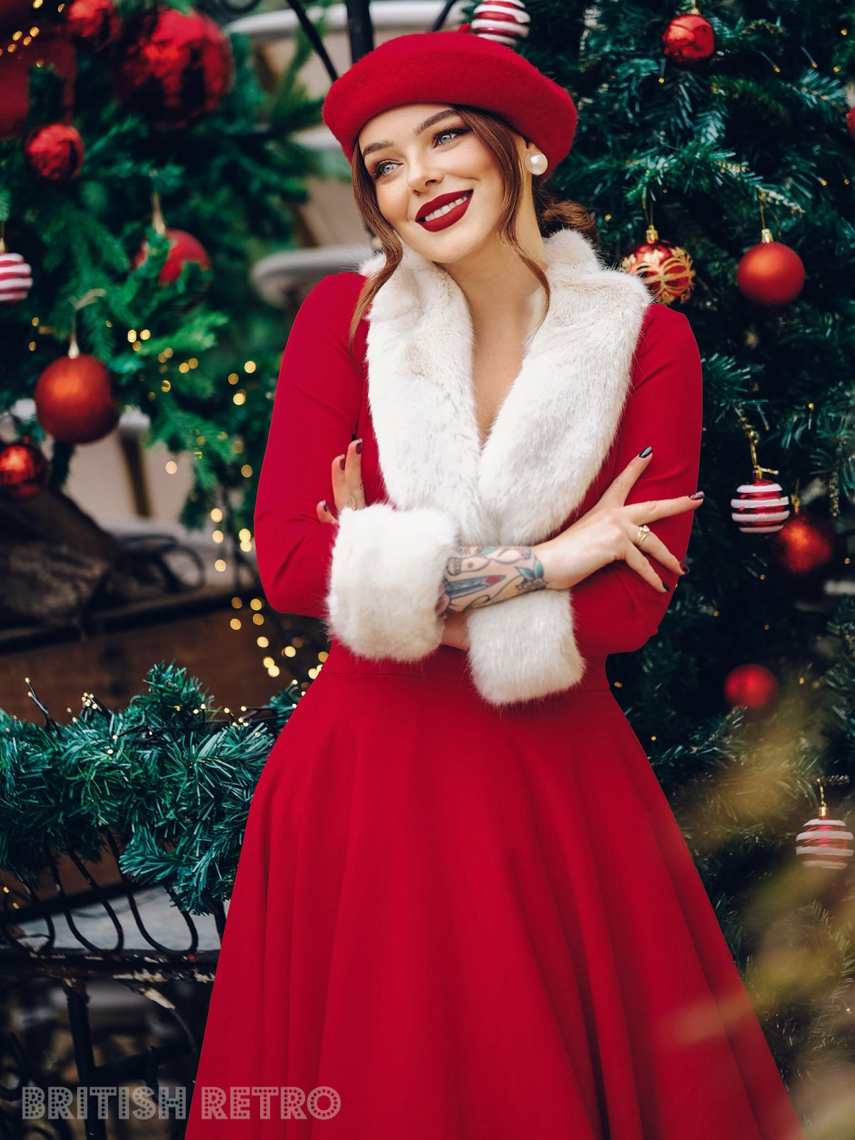 'From Kitty with Love' Ruby Red Faux Fur 50s Swing Dress