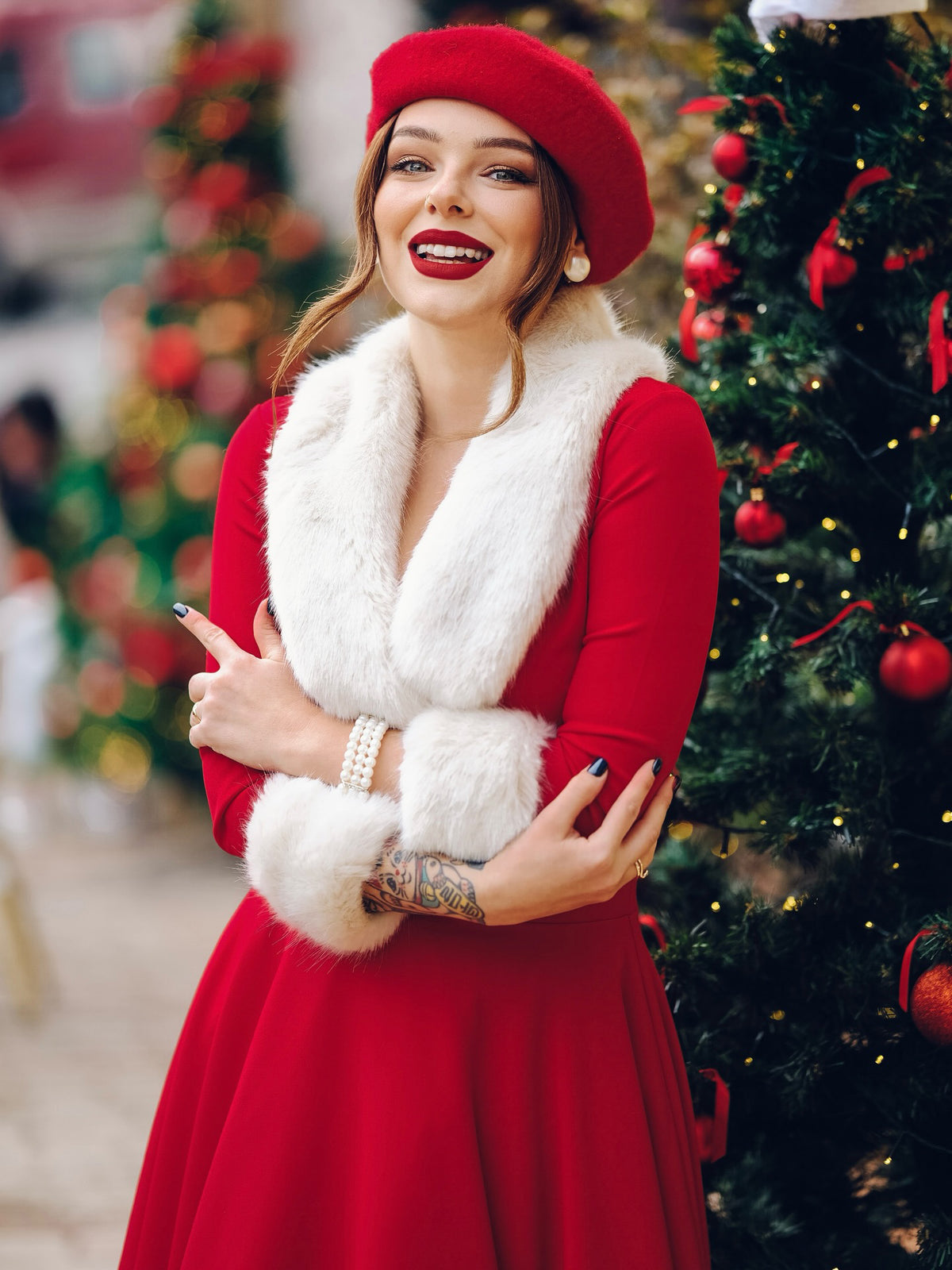 'From Kitty with Love' Ruby Red Faux Fur 50s Swing Dress