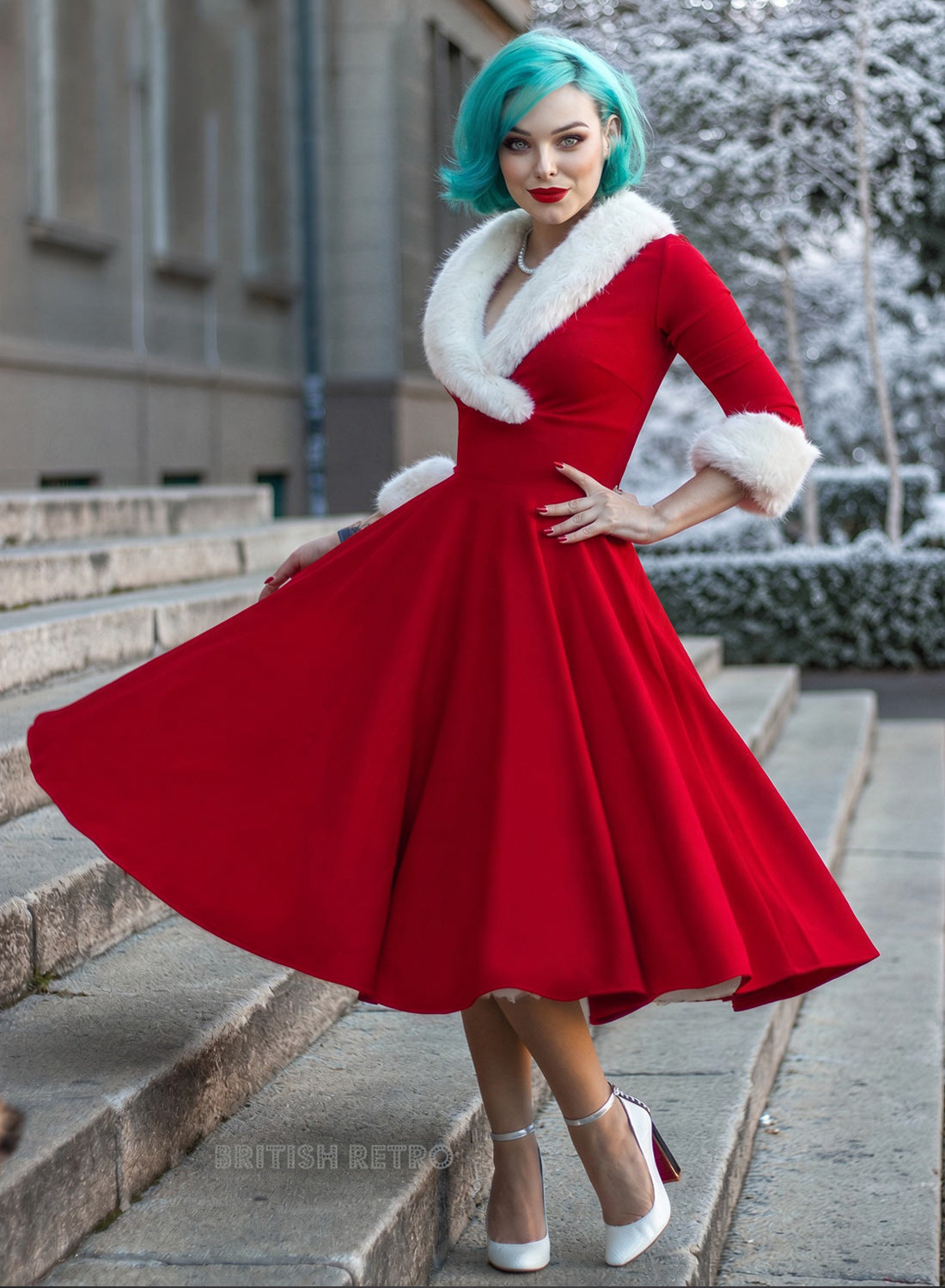 'From Kitty with Love' Ruby Red Faux Fur 50s Swing Dress