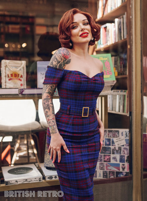 Rhonda's Revenge mulberry tartan bodycon dress, a striking evening and cocktail dress