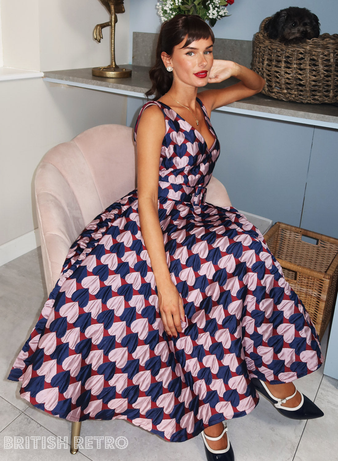 Grace Kelly Harlequin Hearts Pink And Navy Vintage Dress