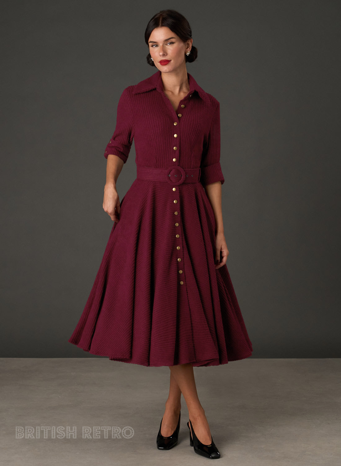 New! Way Out West Burgundy Ribbed Button-Down Dress with Belt