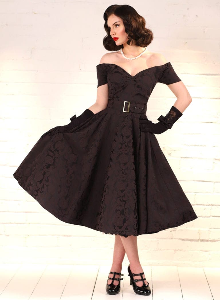 Dee Dee Black Satin Jacquard Baroque Full Circle Dress British Retro — free download