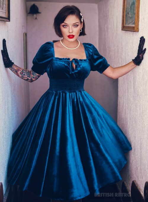 green emerald velvet dress vintage 1950s navy evening dress {s} – Trunk of Dresses main image 1