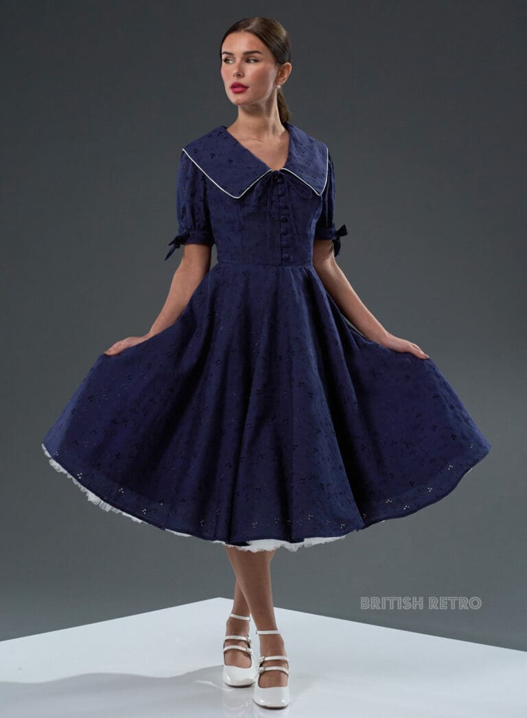 Florence Navy Broderie Anglaise 50s Style Dress British Retro