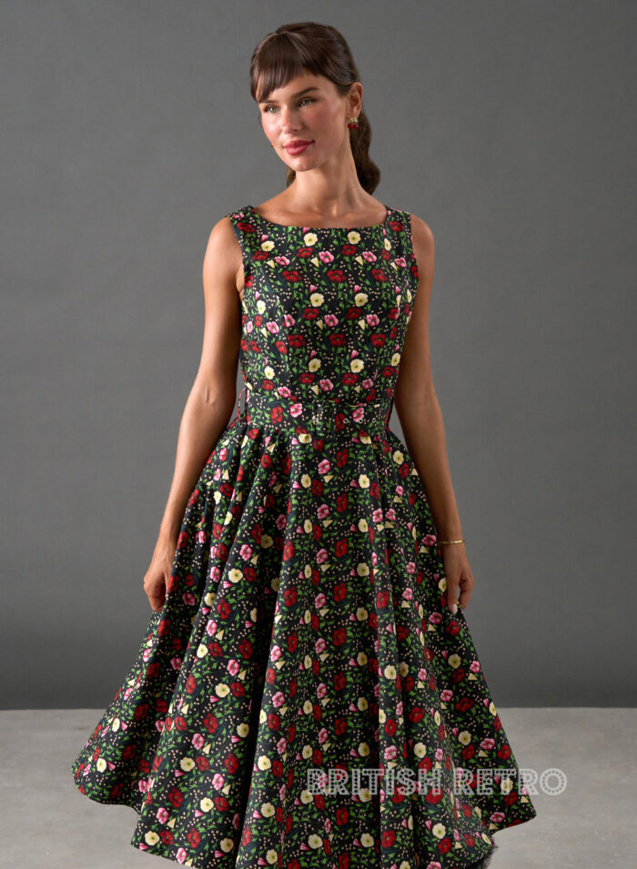 Full circle skirt on Audrey black floral dress