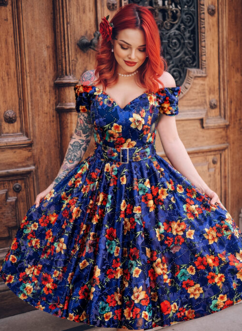dress retro vintage Stage Green Daisy Print Tulle Shown with our Helen retro blouse in cognac Unique Vintage Red Sweetheart Swing