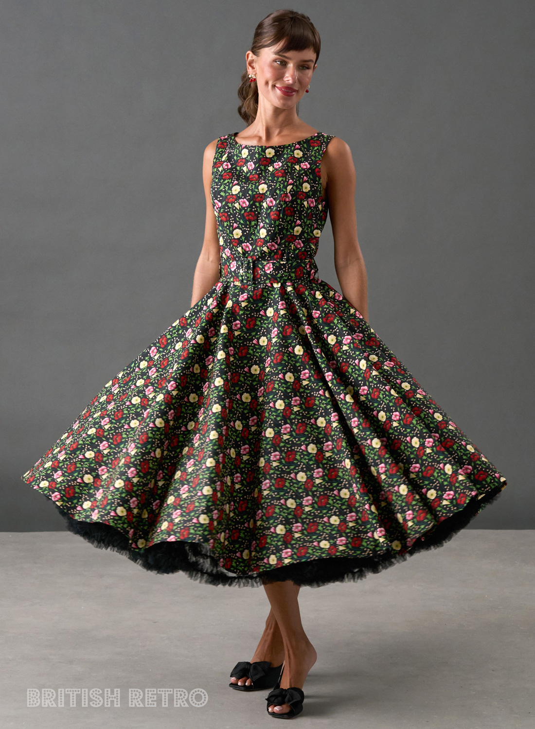 Audrey black floral swing dress front view