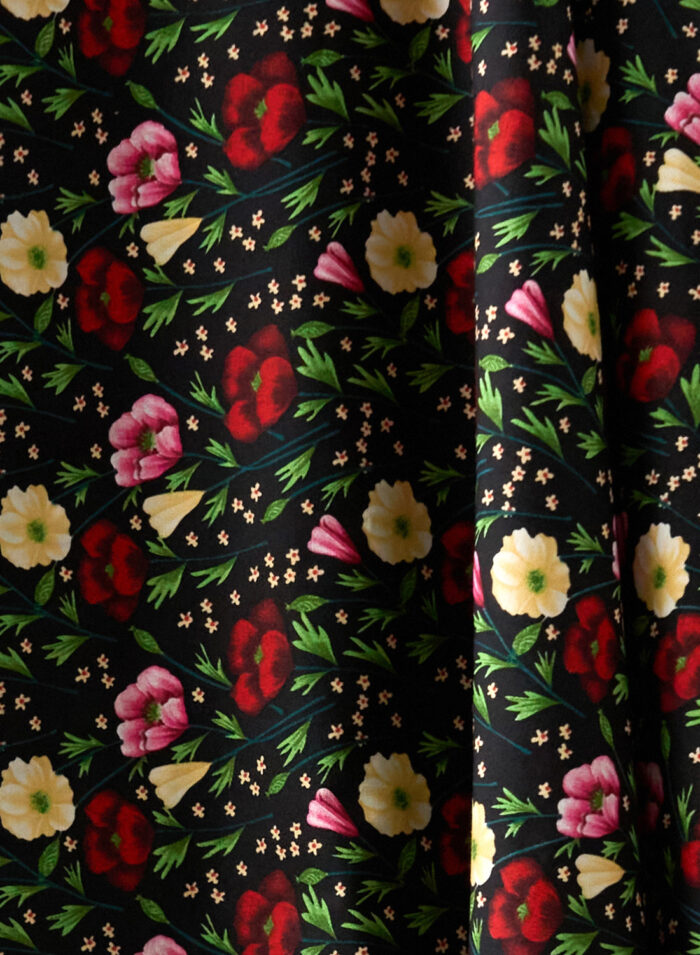 Black floral swing dress fabric